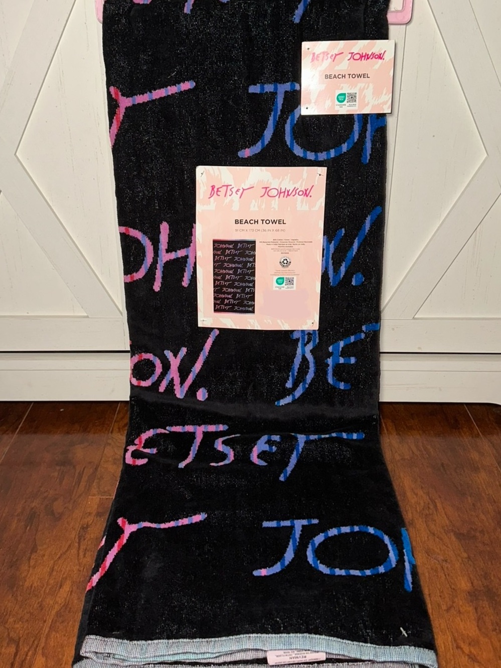 Betsey Johnson Black Beach Towel with Pink & Blue Embossed Logo